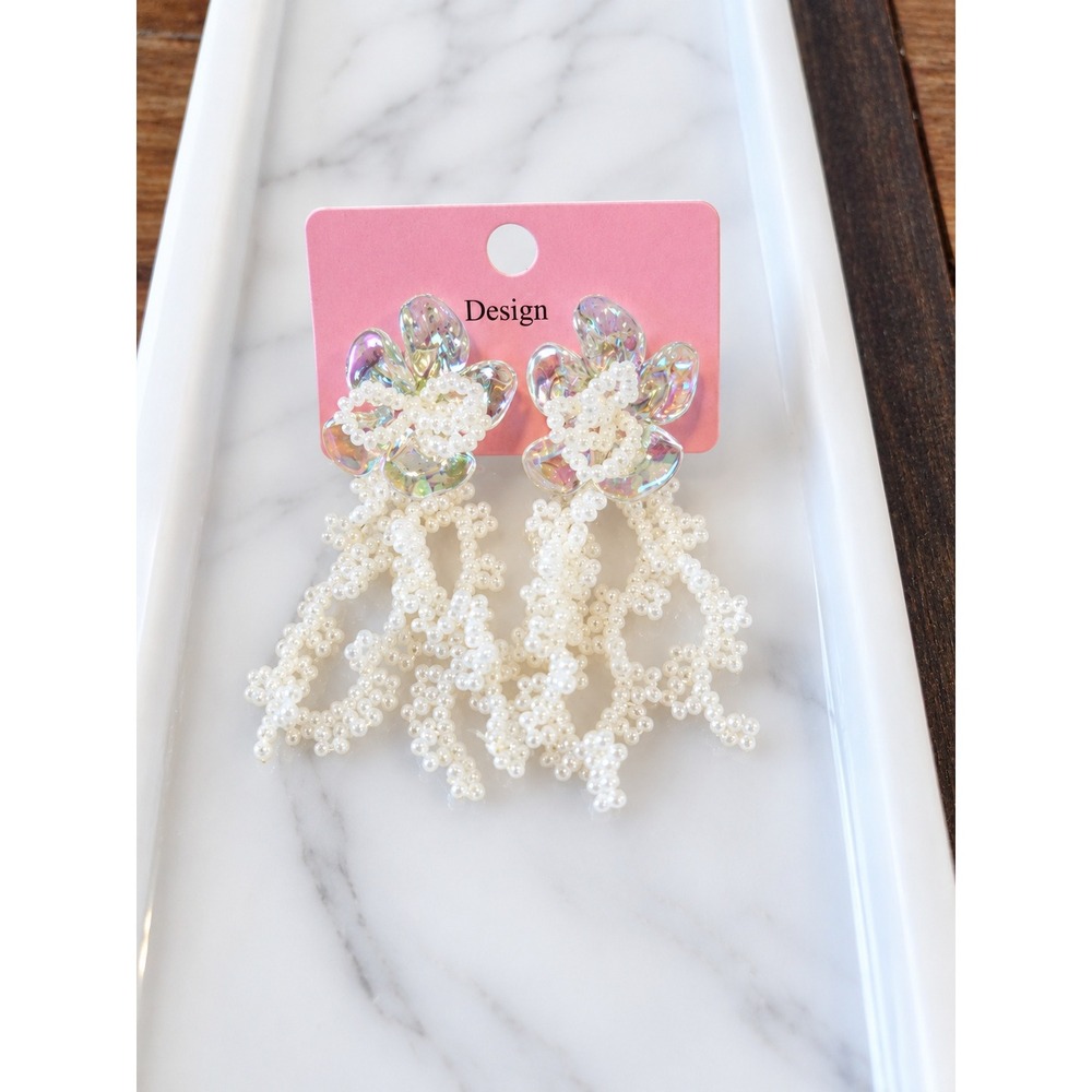 Iridescent Flower Seed Bead Fringe Drop Earrings White Holographic Statement